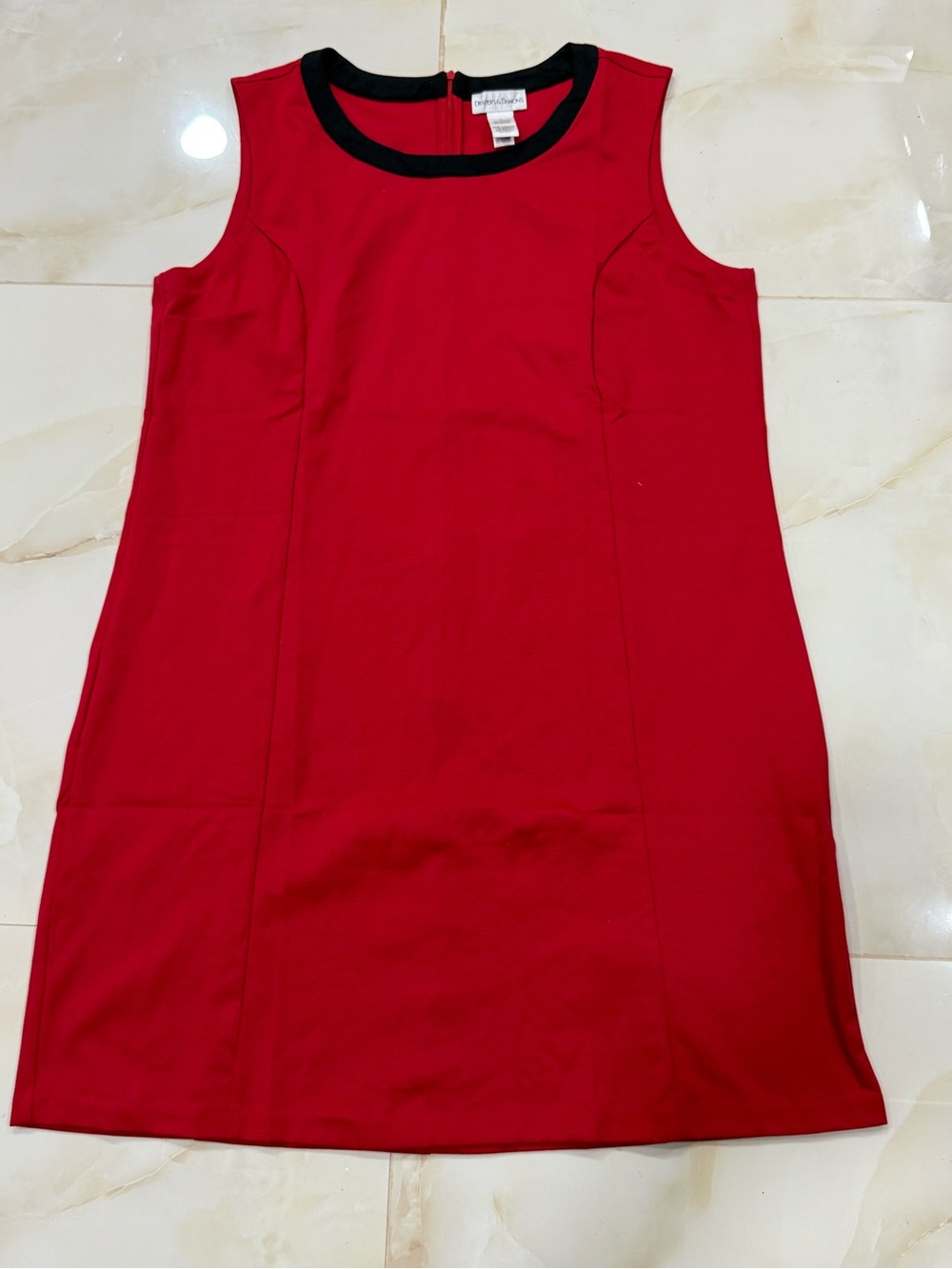 Sleeveless Red Shift Dress with Black Trim